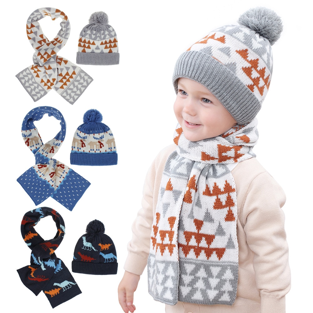 2021 New Cartoon Jacquard Baby Hat Scarf Suit Autumn Winter Knitteed Kids Hat Scarf Set Girls And Boys Hats Children Scarf